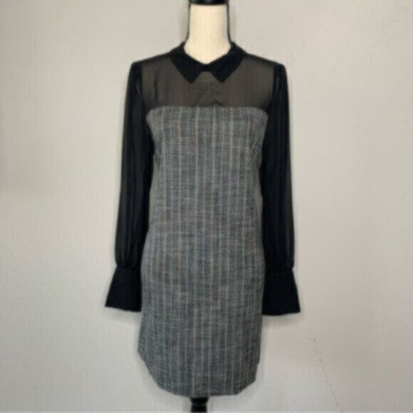 NWT BCBGeneration Black Sheer Sleeve Twill Plaid Pattern Dress - Picture 5 of 15